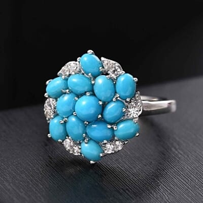 Sleeping Beauty Turquoise and White Zircon2.46 ctw Ring in Rhodium Over Sterling Silver (Size 10)