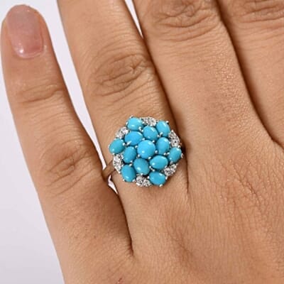 Sleeping Beauty Turquoise and White Zircon2.46 ctw Ring in Rhodium Over Sterling Silver (Size 10)