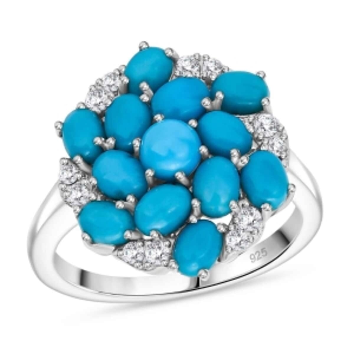 Sleeping Beauty Turquoise and White Zircon2.46 ctw Ring in Rhodium Over Sterling Silver (Size 10) image number 3