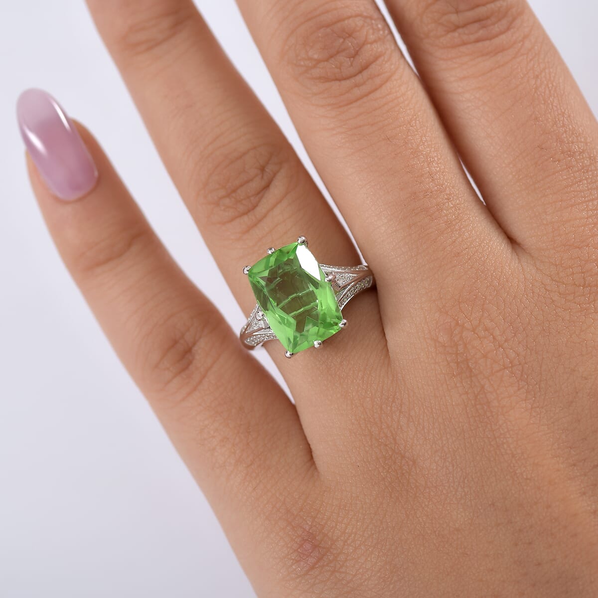 Ever True Chartreuse Quartz and White Zircon (Triplet) 7.35 ctw Verdant Grace Ring in Platinum Bond (Size 10.0) image number 2