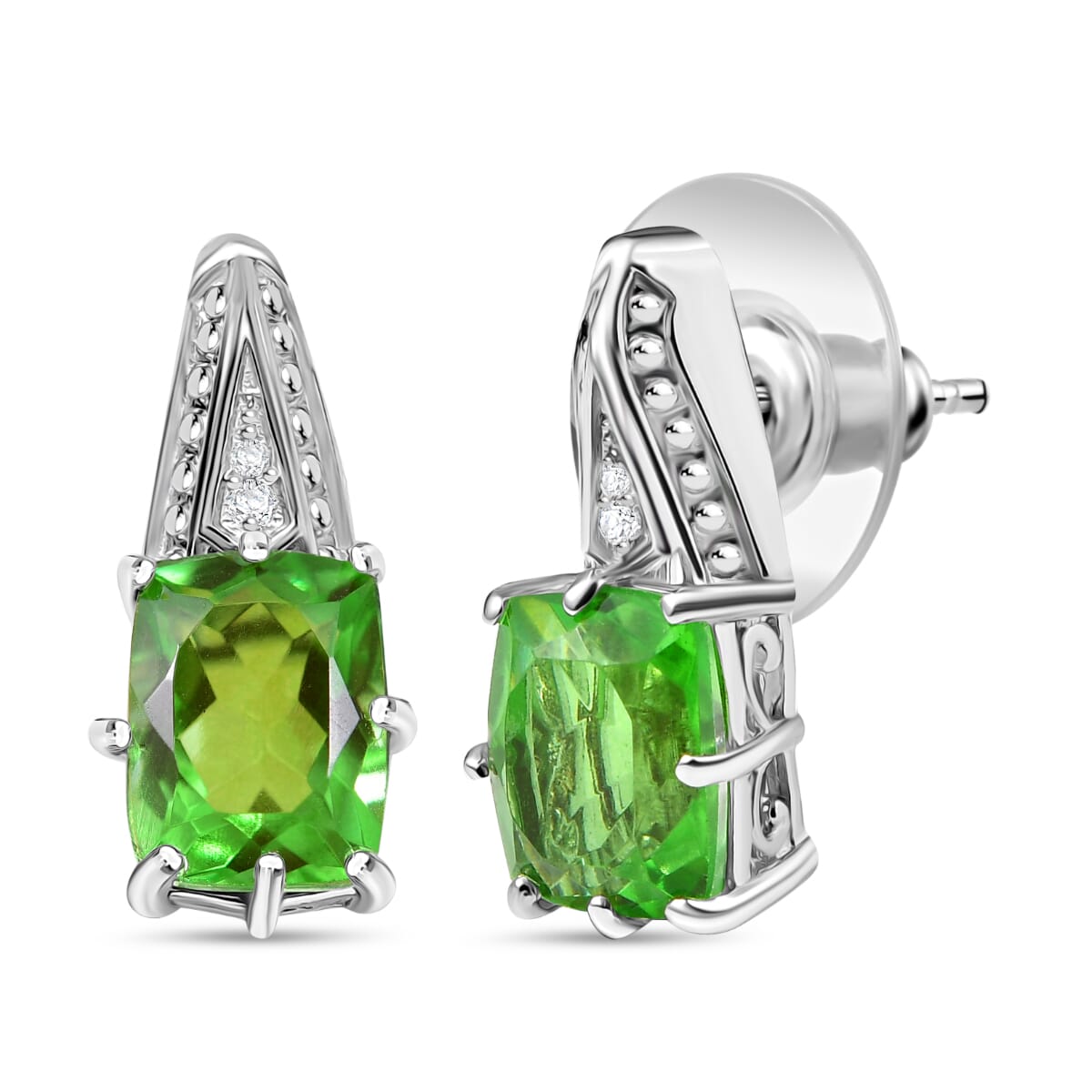 Ever True Chartreuse Quartz (Triplet) and White Zircon 4.90 ctw Earrings in Platinum Bond image number 0