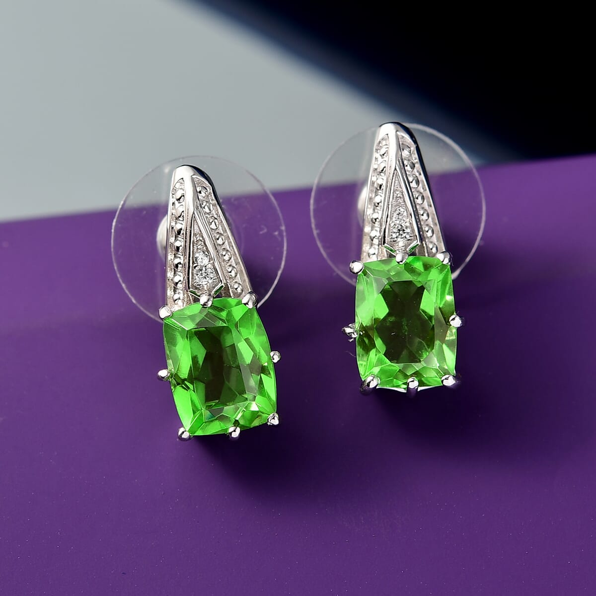 Ever True Chartreuse Quartz (Triplet) and White Zircon 4.90 ctw Earrings in Platinum Bond image number 1