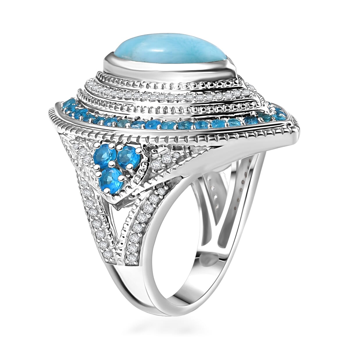 D'Joy Passport to Turkey Premium Larimar and Multi Gemstone 5.20 ctw Evil Eye Ring in Rhodium Over Sterling Silver (Size 10.0) image number 3
