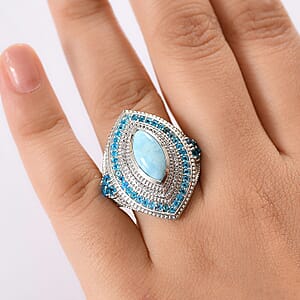 D'Joy Premium Larimar, Multi Gemstone Ring in Rhodium Over Sterling Silver (Size 5.0) 5.20 ctw