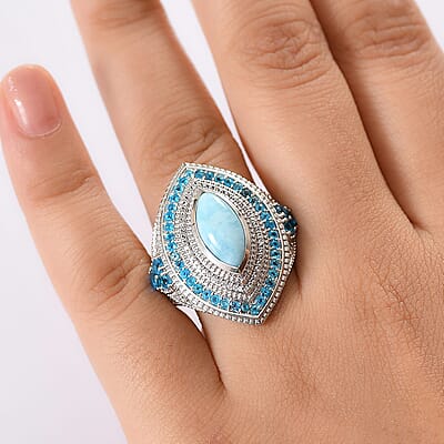 D'Joy Premium Larimar, Multi Gemstone Ring in Rhodium Over Sterling Silver (Size 5.0) 5.20 ctw