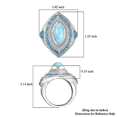 D'Joy Premium Larimar, Multi Gemstone Ring in Rhodium Over Sterling Silver (Size 5.0) 5.20 ctw