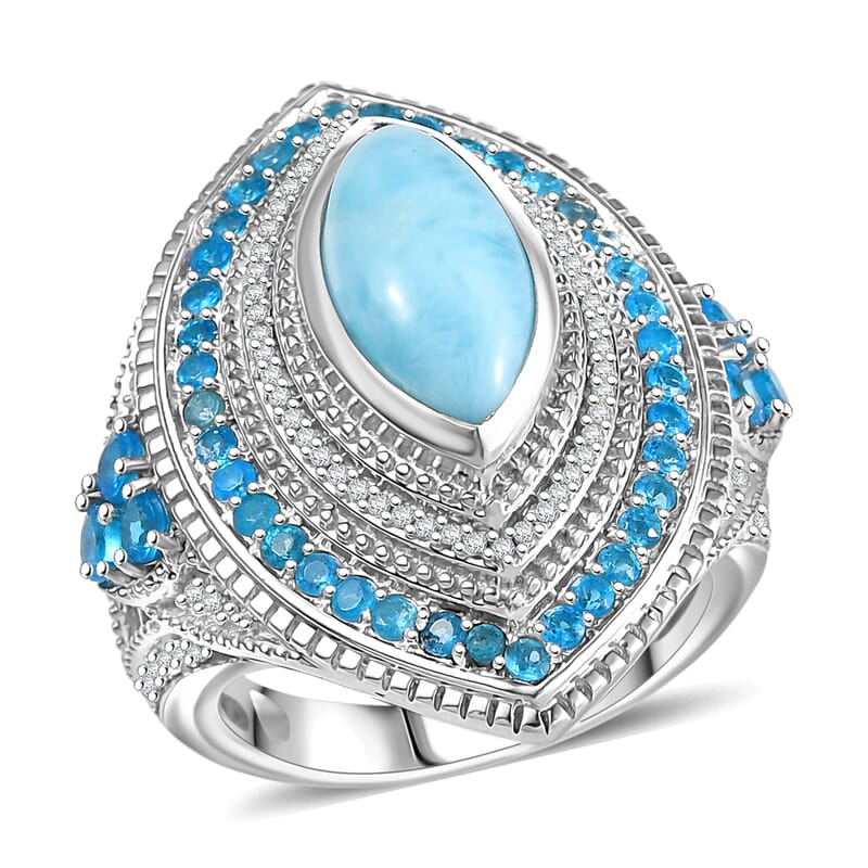 D'Joy Passport to Turkey Premium Larimar and Multi Gemstone 5.20 ctw Evil Eye Ring in Rhodium Over Sterling Silver (Size 6.0)