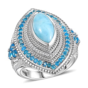 D'Joy Passport to Turkey Premium Larimar and Multi Gemstone 5.20 ctw Evil Eye Ring in Rhodium Over Sterling Silver (Size 8.0)