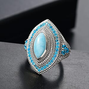 D'Joy Passport to Turkey Premium Larimar and Multi Gemstone 5.20 ctw Evil Eye Ring in Rhodium Over Sterling Silver (Size 8.0)