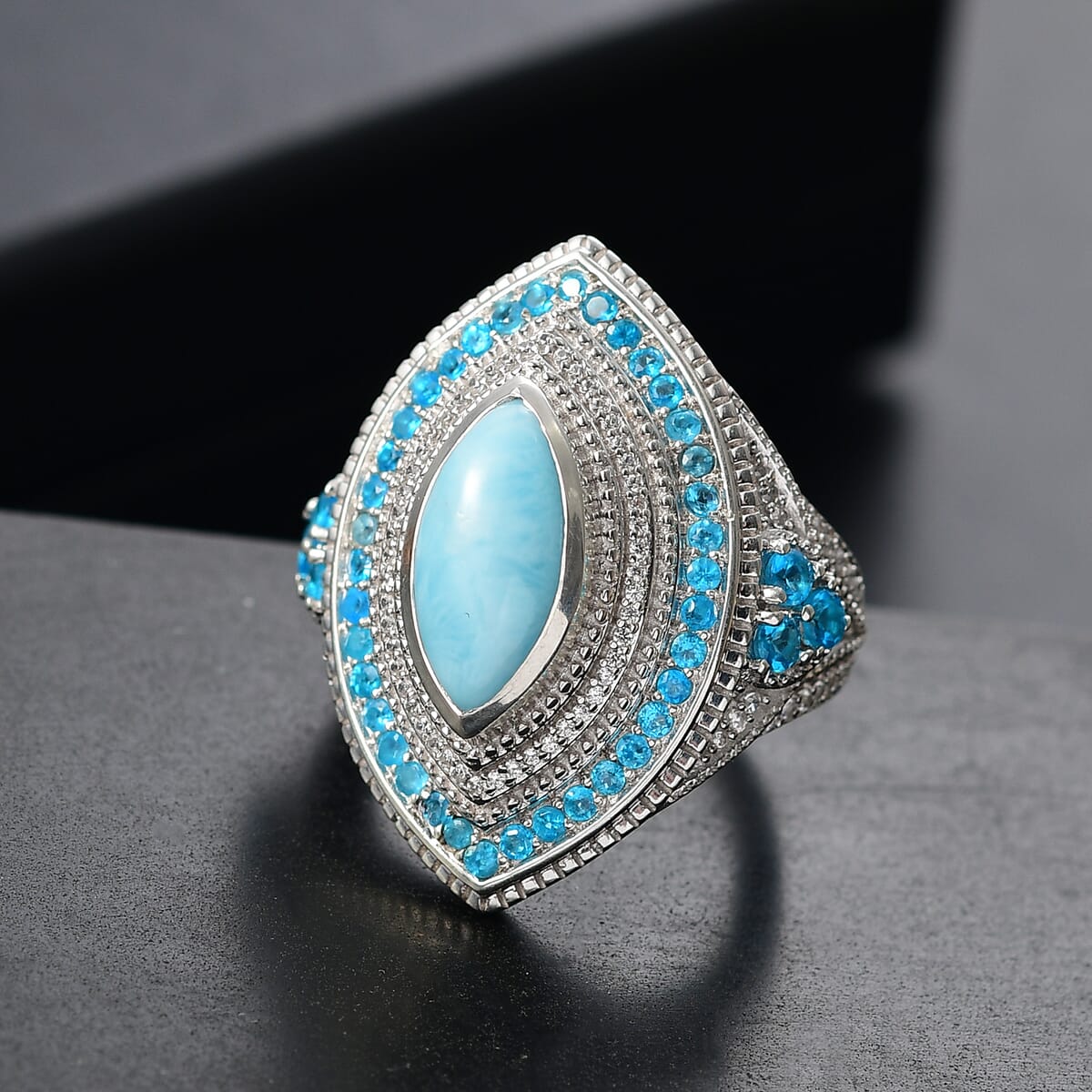 D'Joy Passport to Turkey Premium Larimar and Multi Gemstone 5.20 ctw Evil Eye Ring in Rhodium Over Sterling Silver (Size 9.0) image number 1