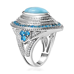D'Joy Passport to Turkey Premium Larimar and Multi Gemstone 5.20 ctw Evil Eye Ring in Rhodium Over Sterling Silver (Size 9.0)