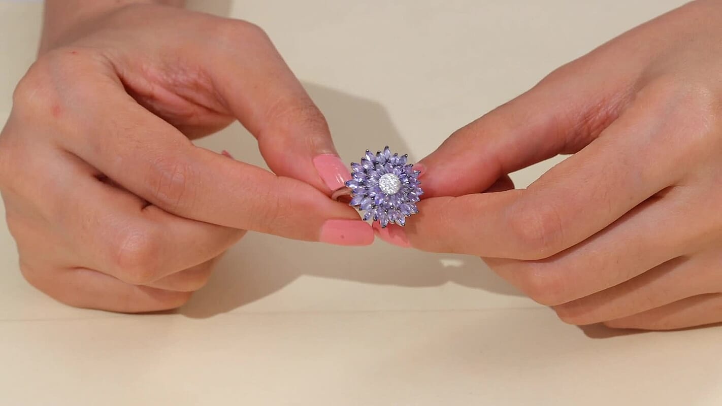 D'Joy Tanzanite and Moissanite 3.25 ctw Dahlia Flower Ring in Rhodium Over Sterling Silver (Size 10.0)