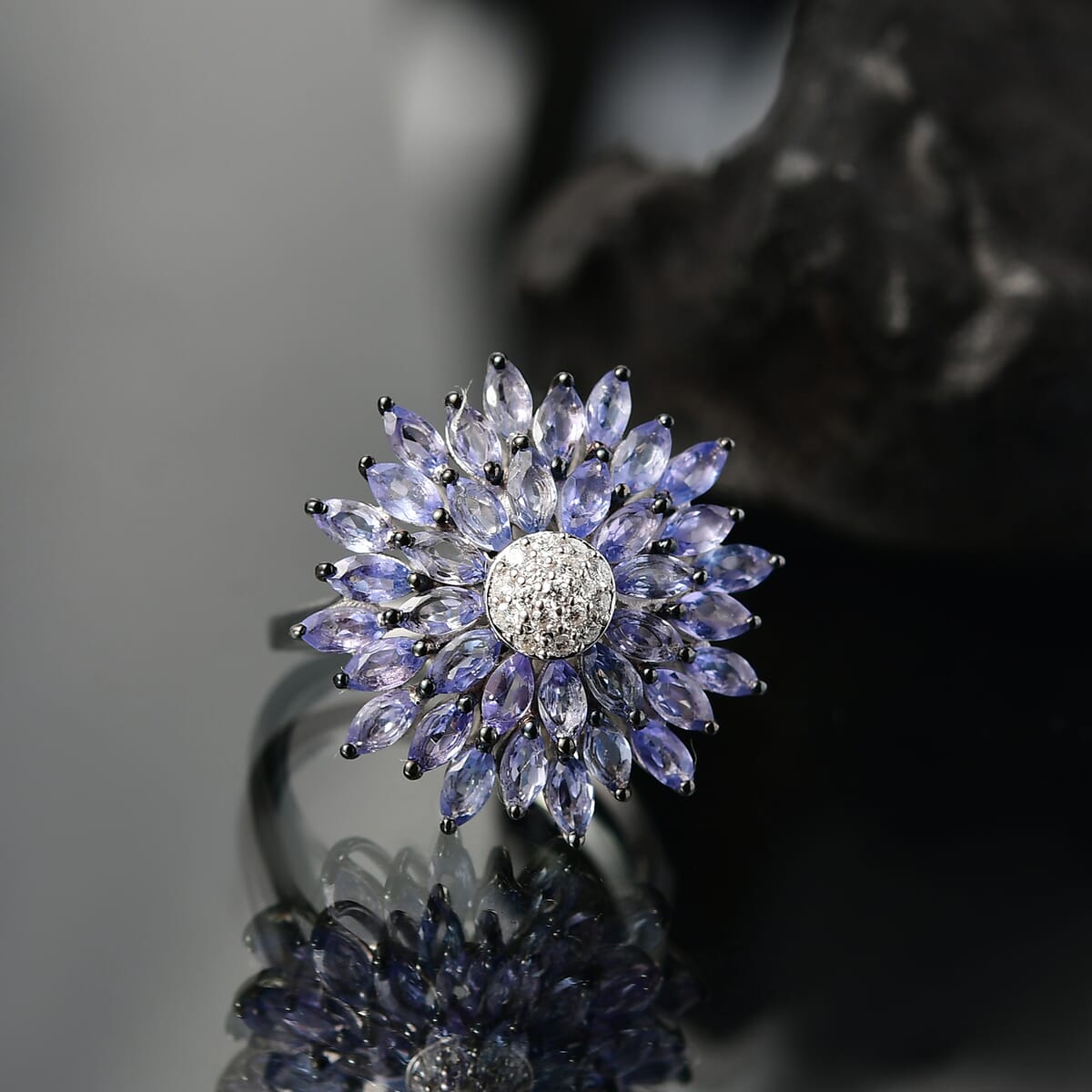 D'Joy Tanzanite and Moissanite 3.25 ctw Dahlia Flower Ring in Rhodium Over Sterling Silver (Size 10.0) image number 1
