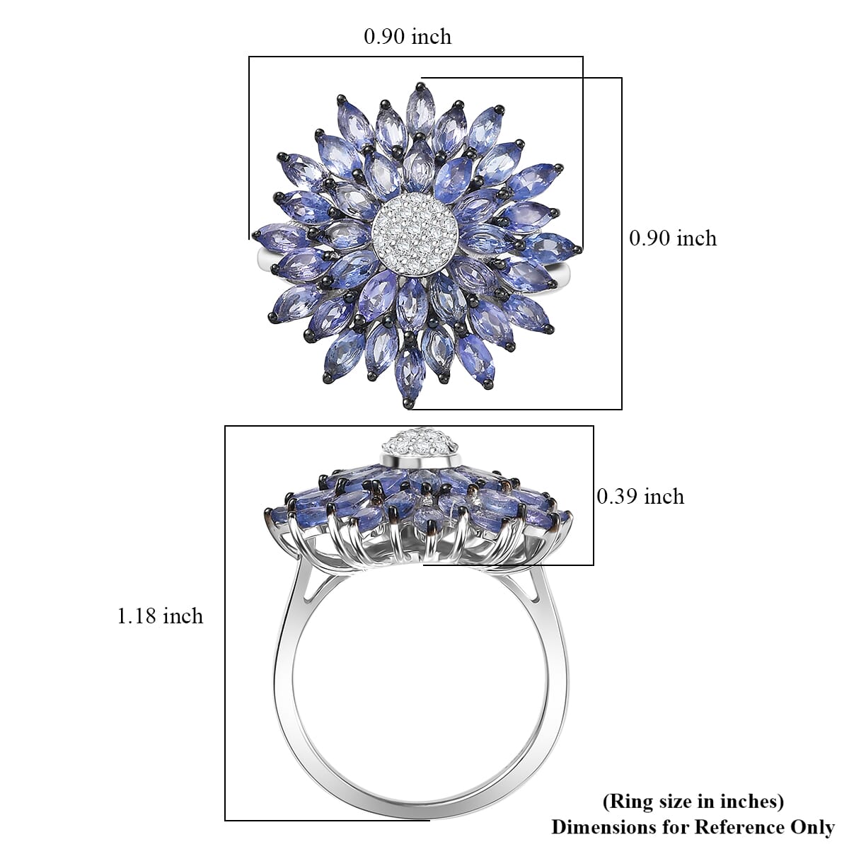 D'Joy Tanzanite and Moissanite 3.25 ctw Dahlia Flower Ring in Rhodium Over Sterling Silver (Size 10.0) image number 5