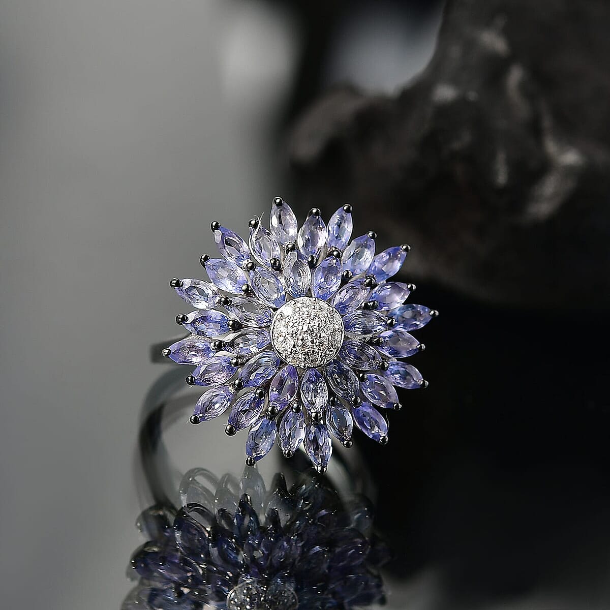 D'Joy Tanzanite and Moissanite 3.25 ctw Blue Dahlia Flower Ring in Rhodium Over Sterling Silver (Size 11.0) image number 1
