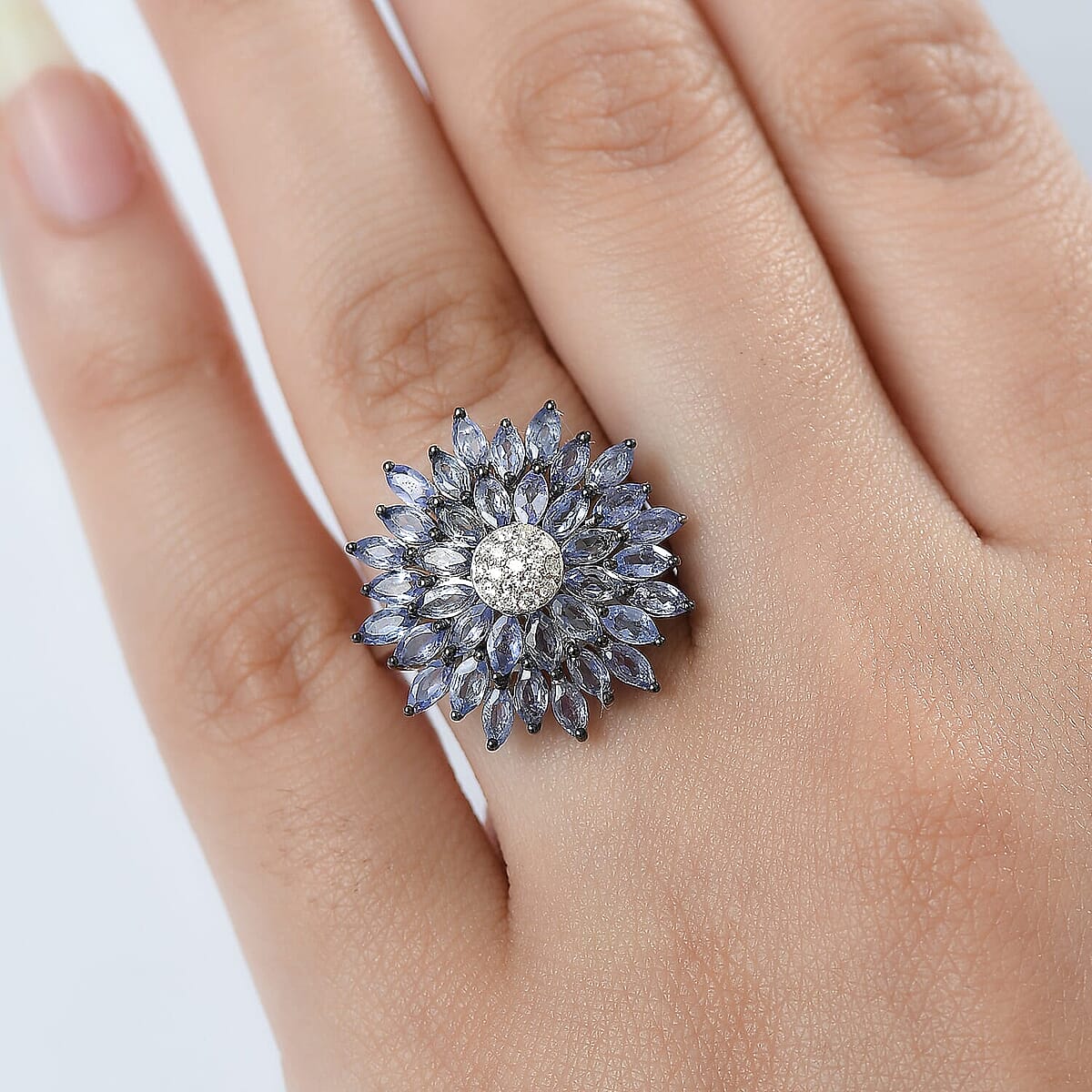 D'Joy Tanzanite and Moissanite 3.25 ctw Blue Dahlia Flower Ring in Rhodium Over Sterling Silver (Size 11.0) image number 2