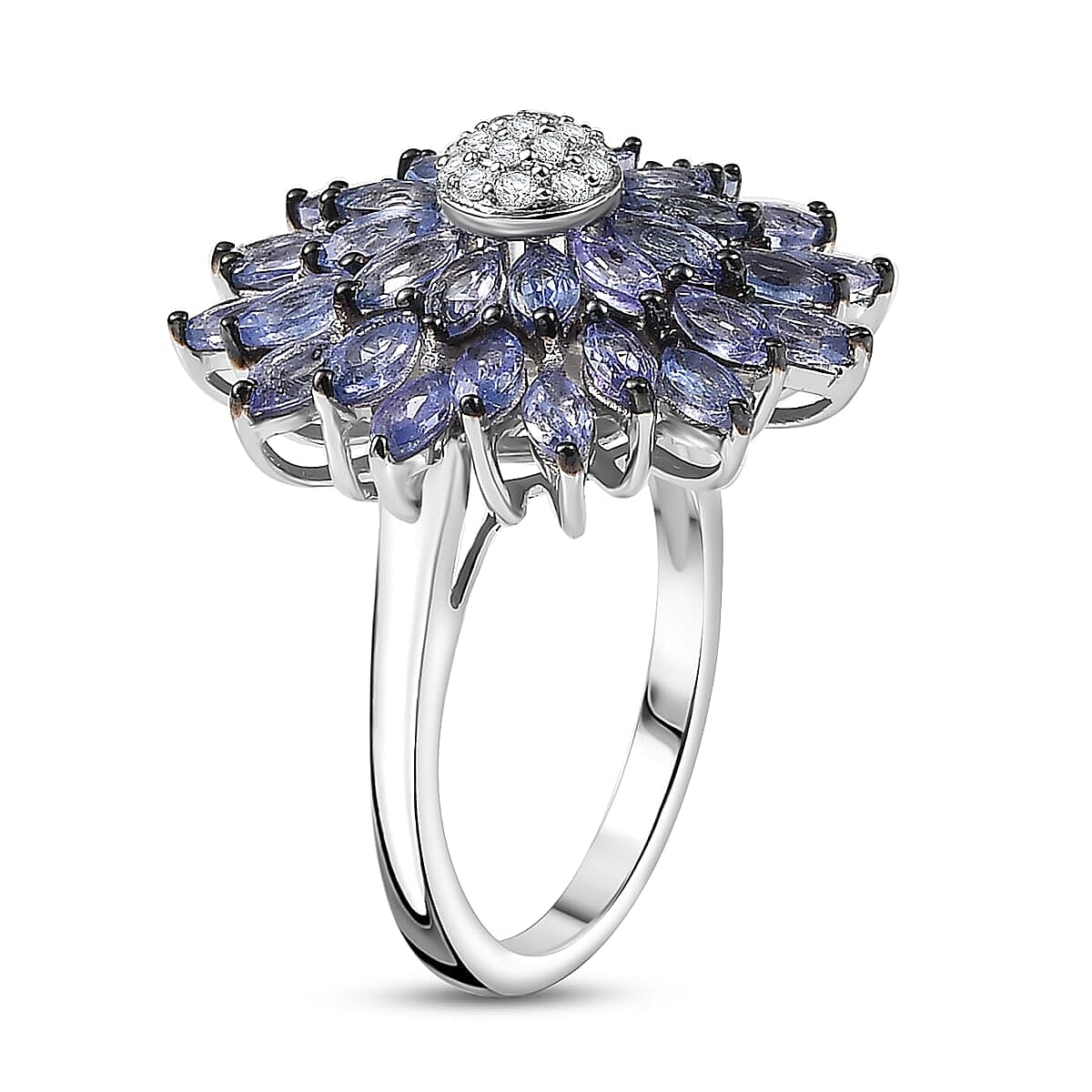 D'Joy Tanzanite and Moissanite 3.25 ctw Blue Dahlia Flower Ring in Rhodium Over Sterling Silver (Size 11.0) image number 3