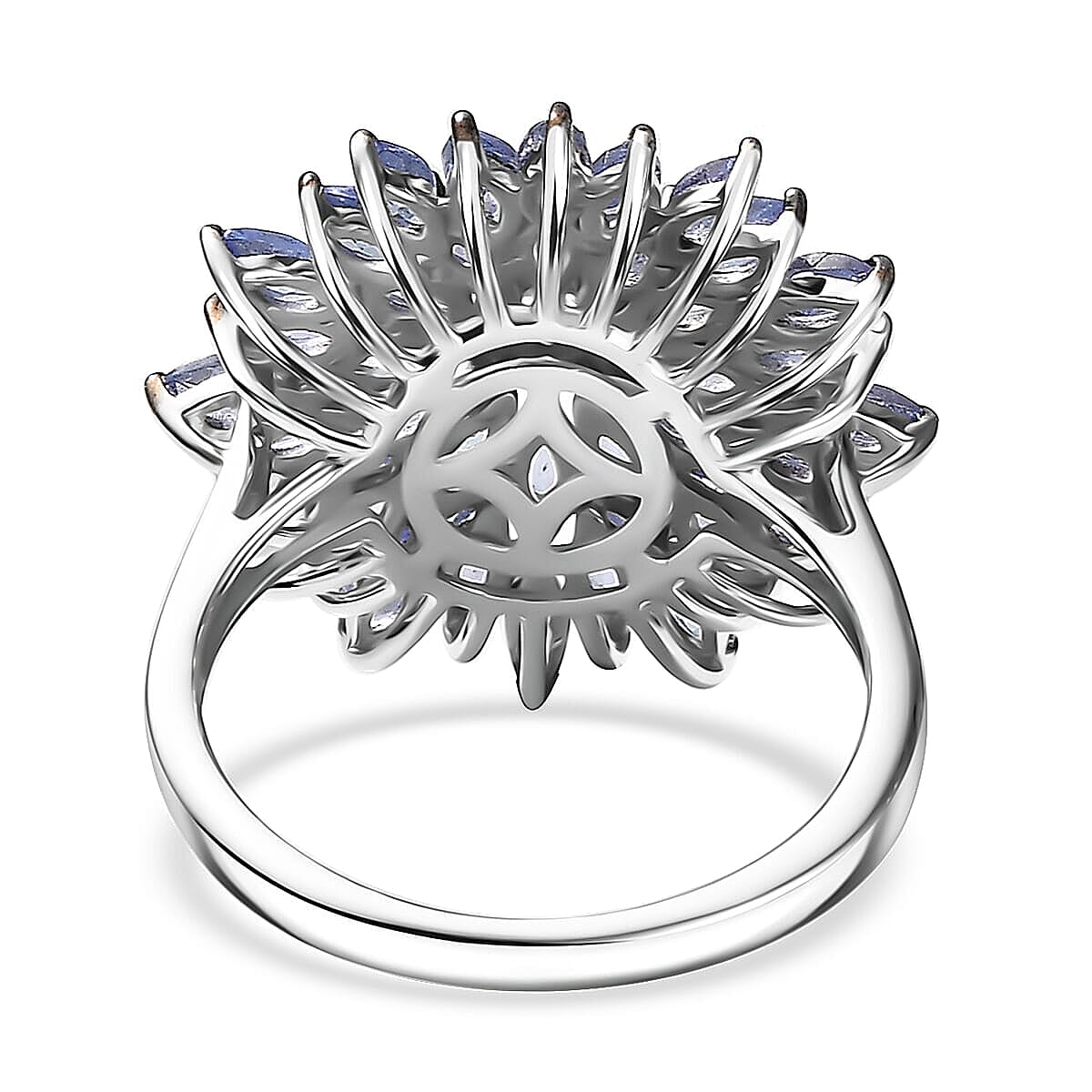 D'Joy Tanzanite and Moissanite 3.25 ctw Blue Dahlia Flower Ring in Rhodium Over Sterling Silver (Size 11.0) image number 4