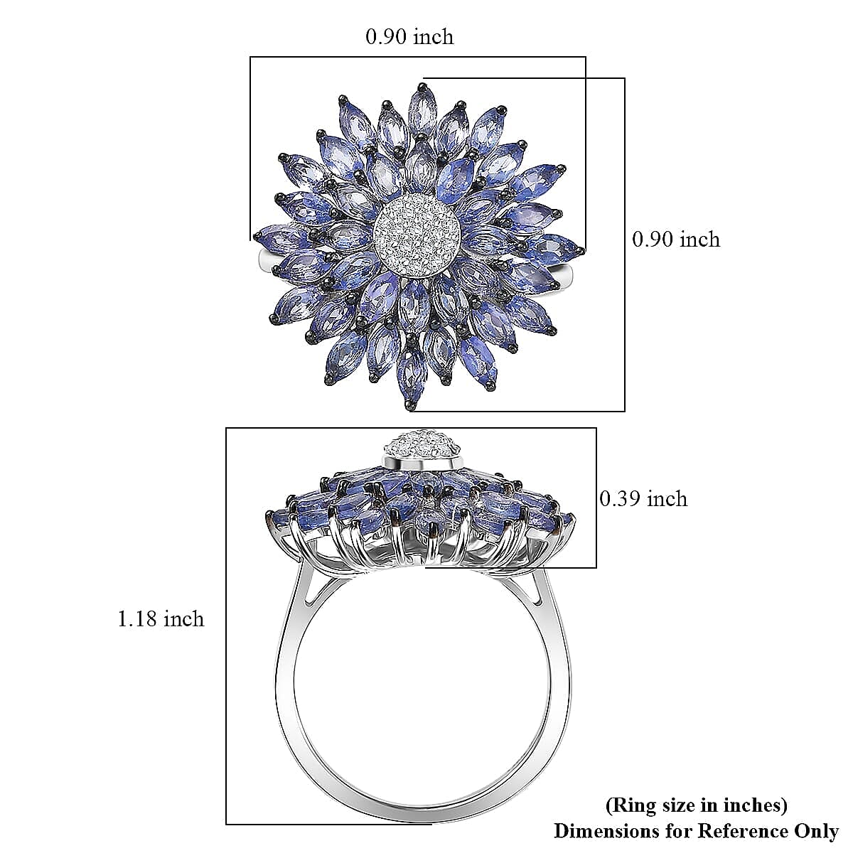 D'Joy Tanzanite and Moissanite 3.25 ctw Blue Dahlia Flower Ring in Rhodium Over Sterling Silver (Size 11.0) image number 5
