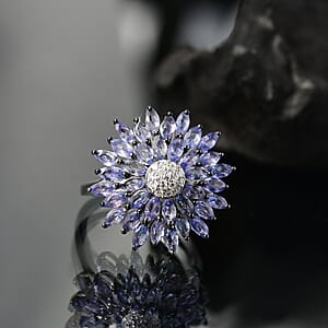 D'Joy Tanzanite and Moissanite 3.25 ctw Blue Dahlia Flower Ring in Rhodium Over Sterling Silver (Size 5.0)