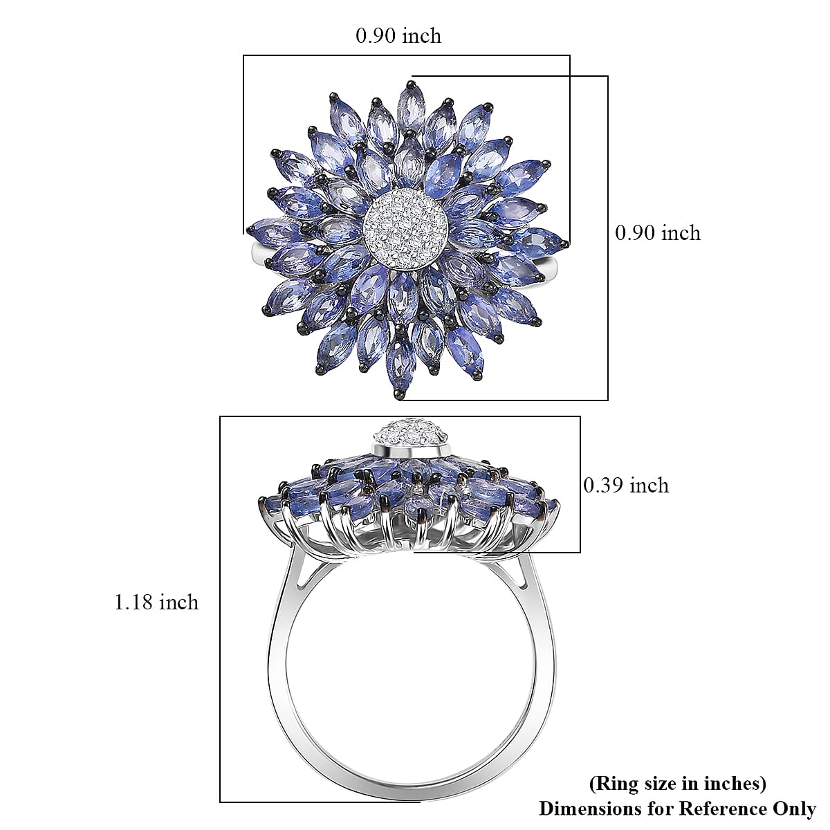 D'Joy Tanzanite and Moissanite 3.25 ctw Blue Dahlia Flower Ring in Rhodium Over Sterling Silver (Size 6.0)