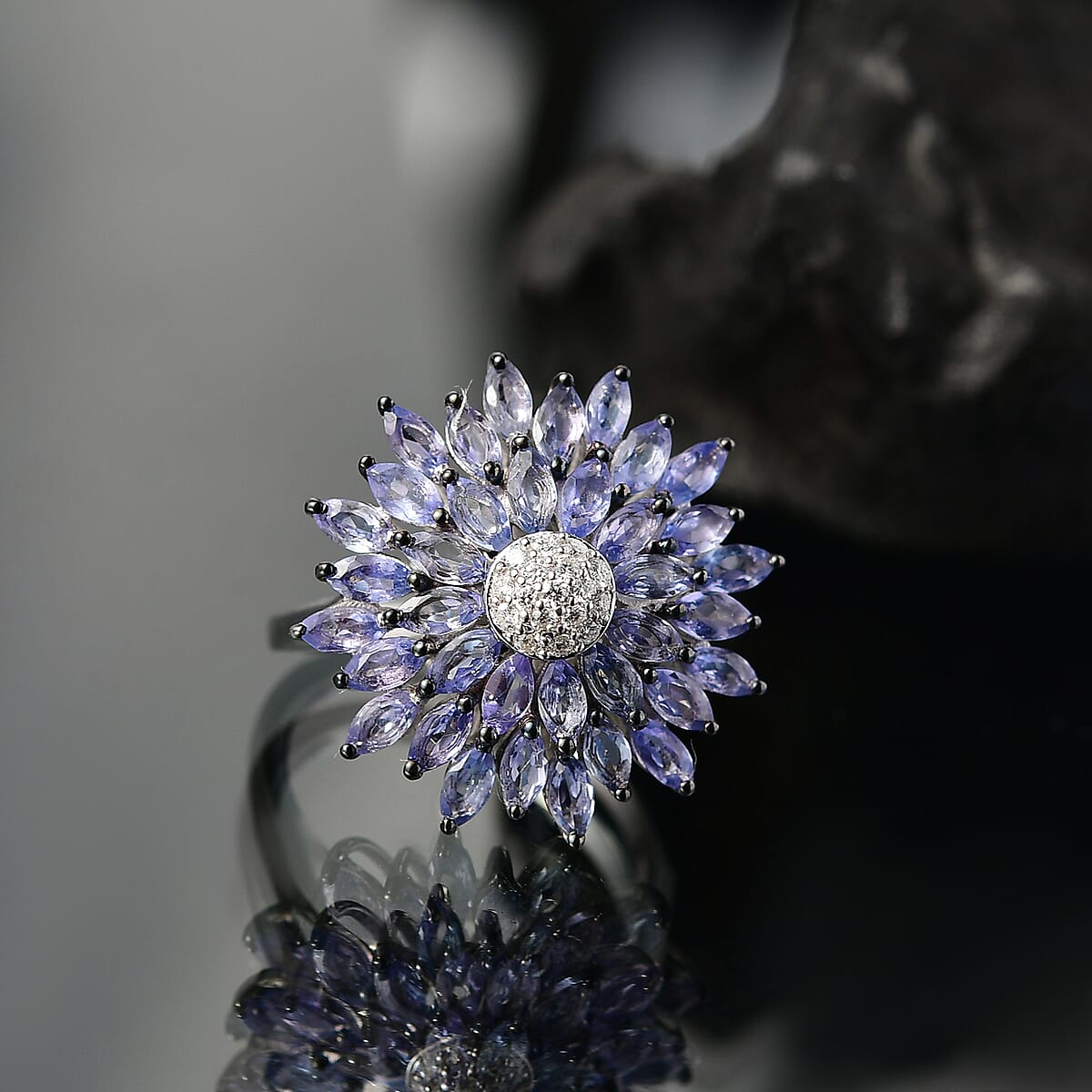D'Joy Tanzanite and Moissanite 3.25 ctw Blue Dahlia Flower Ring in Rhodium Over Sterling Silver (Size 7.0) image number 1