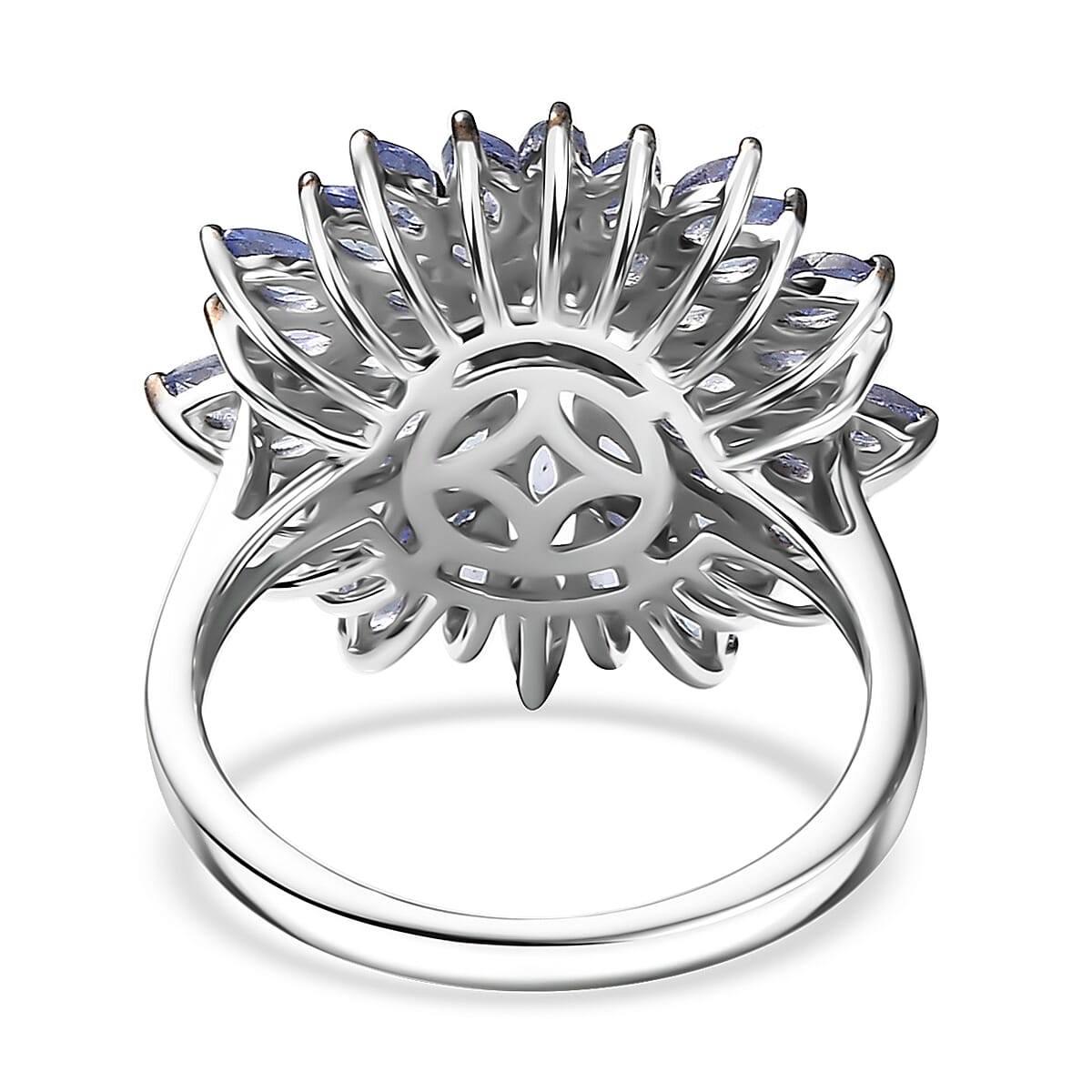 D'Joy Tanzanite and Moissanite 3.25 ctw Blue Dahlia Flower Ring in Rhodium Over Sterling Silver (Size 7.0) image number 4
