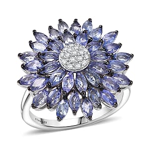 D'Joy Tanzanite and Moissanite 3.25 ctw Blue Dahlia Flower Ring in Rhodium Over Sterling Silver (Size 8.0)