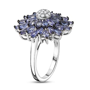D'Joy Tanzanite and Moissanite 3.25 ctw Blue Dahlia Flower Ring in Rhodium Over Sterling Silver (Size 8.0)