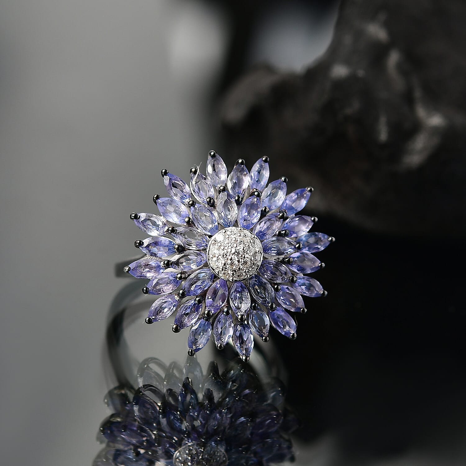 D'Joy Tanzanite and Moissanite 3.25 ctw Dahlia Flower Ring in Rhodium Over Sterling Silver (Size 10.0)