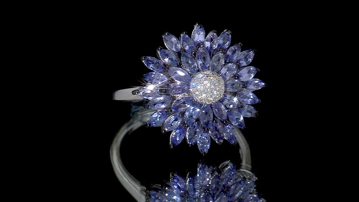D'Joy Tanzanite and Moissanite 3.25 ctw Dahlia Flower Ring in Rhodium Over Sterling Silver (Size 10.0)