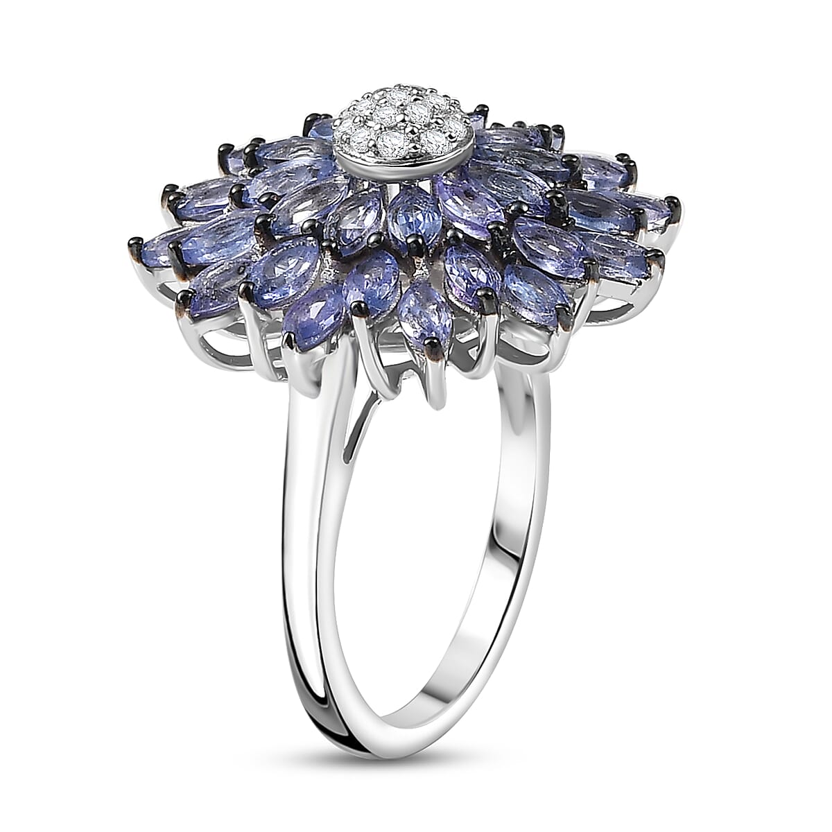 D'Joy Tanzanite and Moissanite 3.25 ctw Blue Dahlia Flower Ring in Rhodium Over Sterling Silver (Size 9.0) image number 3