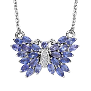 D'Joy Tanzanite and White Zircon 2.20 ctw Butterfly Necklace 18 Inches in Rhodium Over Sterling Silver