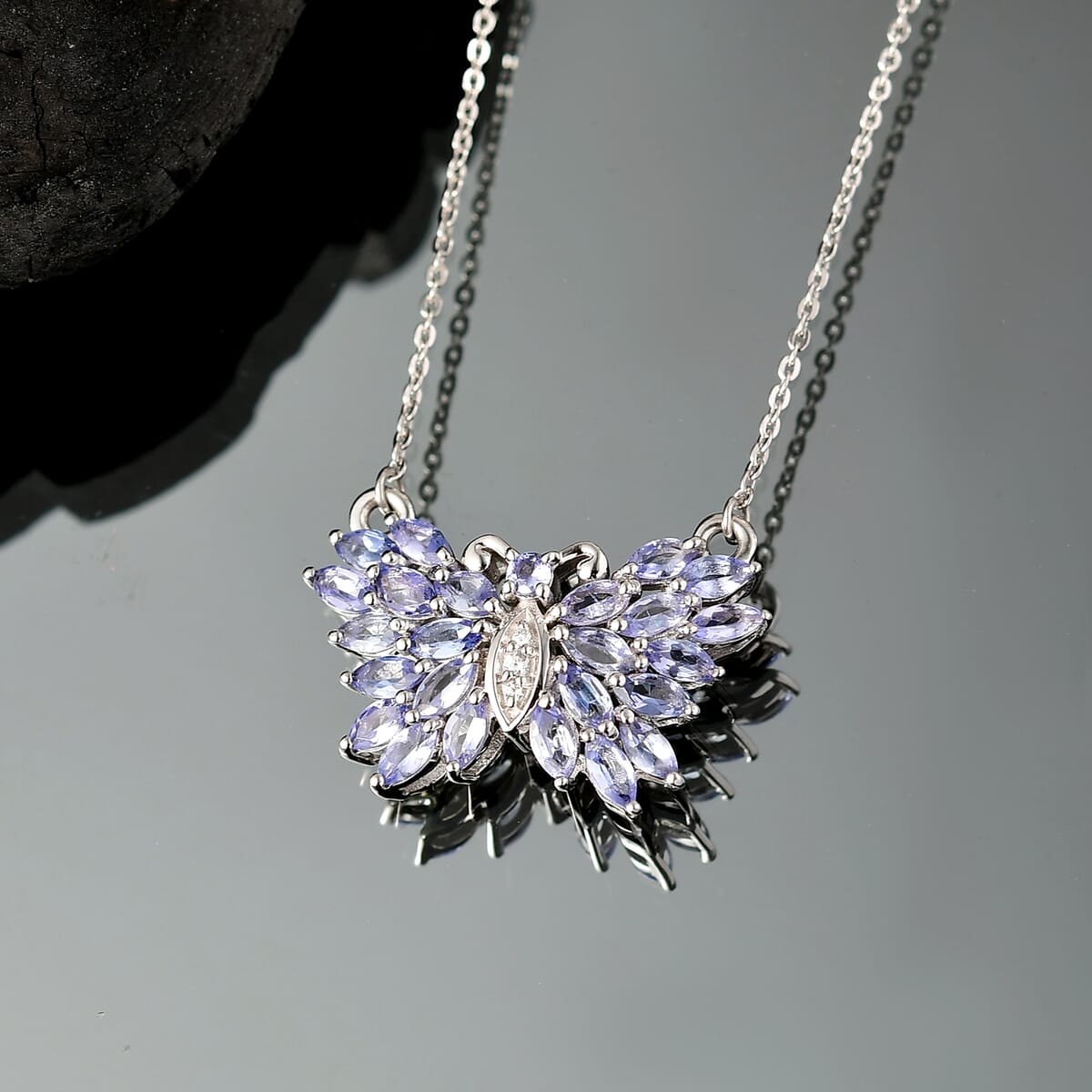 D'Joy Tanzanite and White Zircon 2.20 ctw Butterfly Necklace 18 Inches in Rhodium Over Sterling Silver image number 1