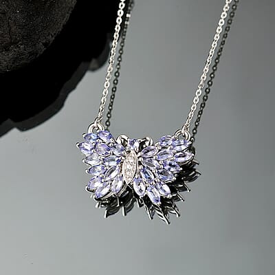 D'Joy Tanzanite and White Zircon 2.20 ctw Butterfly Necklace 18 Inches in Rhodium Over Sterling Silver