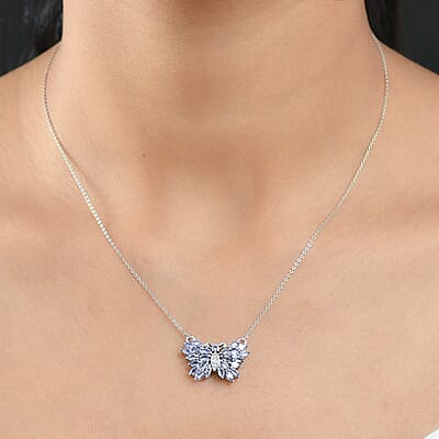 D'Joy Tanzanite and White Zircon 2.20 ctw Butterfly Necklace 18 Inches in Rhodium Over Sterling Silver