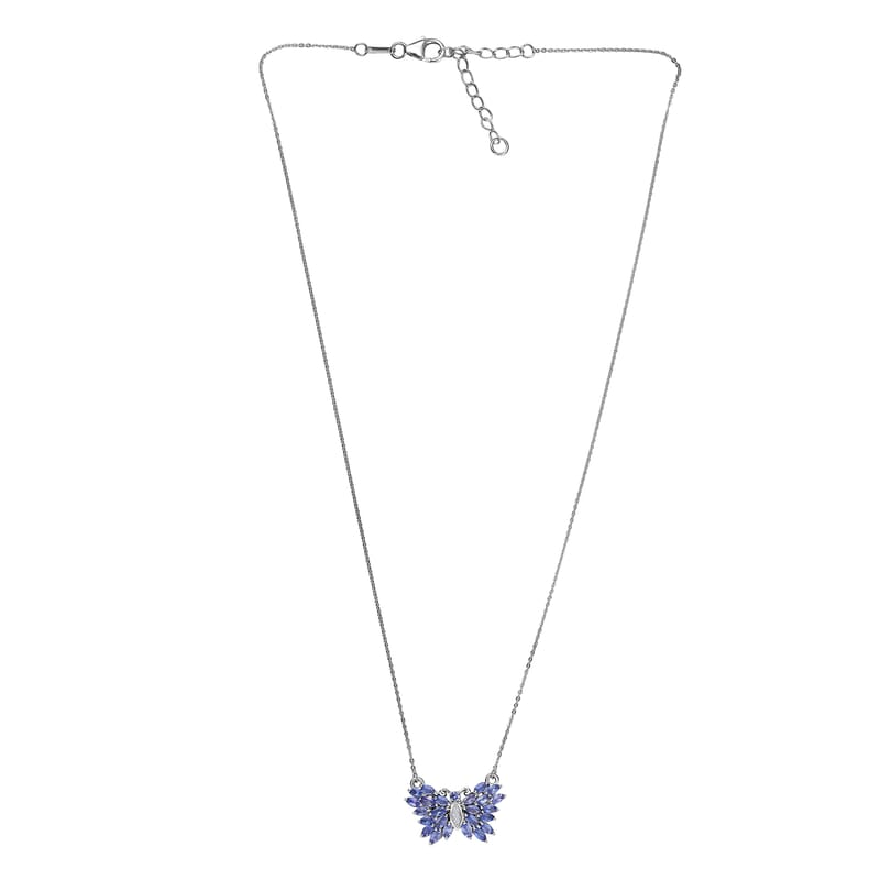 D'Joy Tanzanite and White Zircon 2.20 ctw Butterfly Necklace 18 Inches in Rhodium Over Sterling Silver