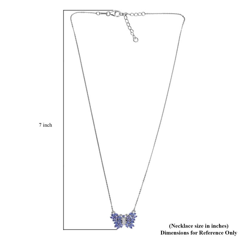 D'Joy Tanzanite and White Zircon 2.20 ctw Butterfly Necklace 18 Inches in Rhodium Over Sterling Silver