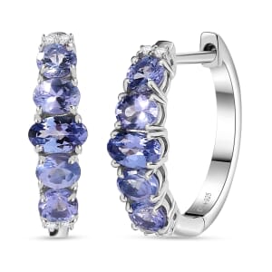 D'Joy Tanzanite and White Zircon 2.10 ctw Moon Phases Hoop Earrings in Rhodium Over Sterling Silver 