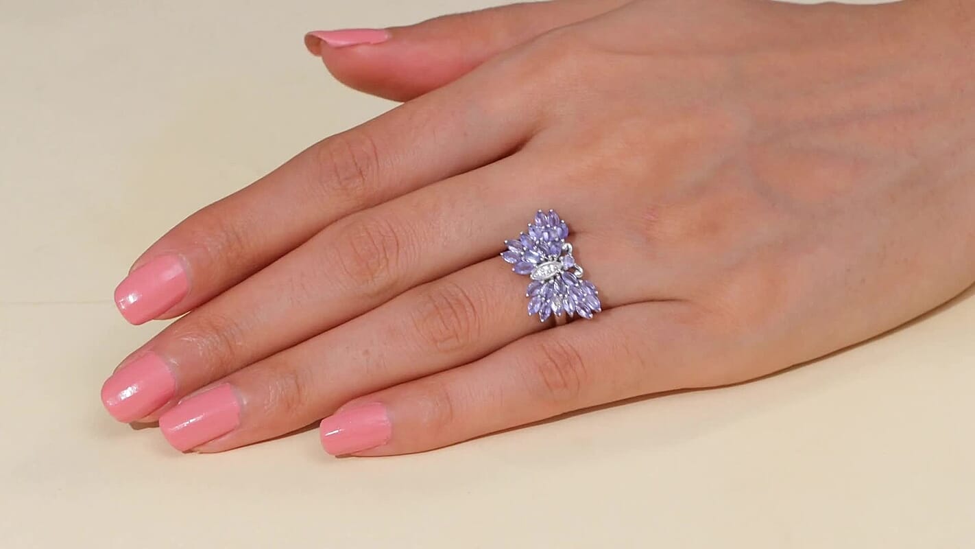 D'Joy Tanzanite and White Zircon 2.10 ctw Butterfly Ring in Rhodium Over Sterling Silver (Size 10.0)