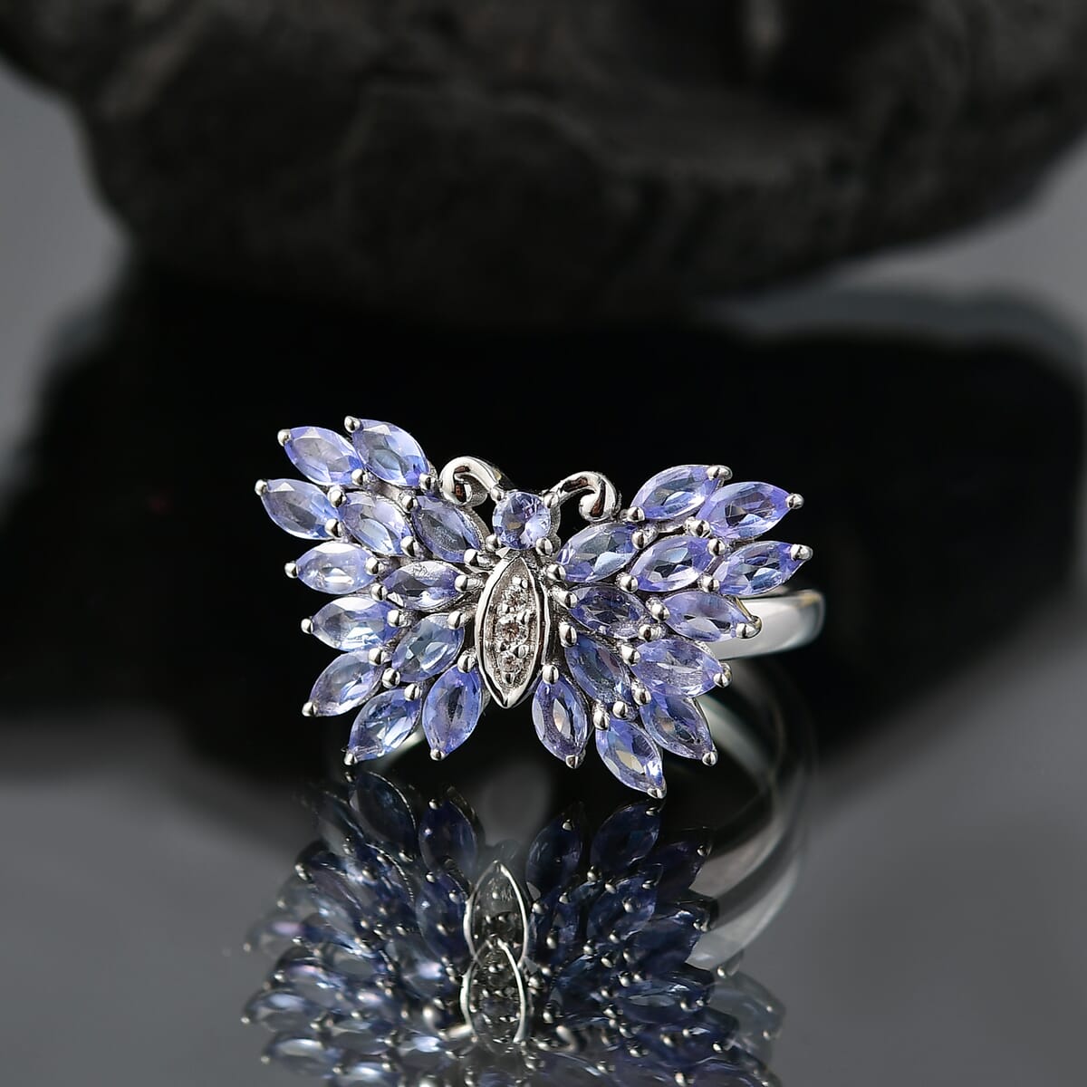 D'Joy Tanzanite and White Zircon 2.10 ctw Butterfly Ring in Rhodium Over Sterling Silver (Size 10.0) image number 1
