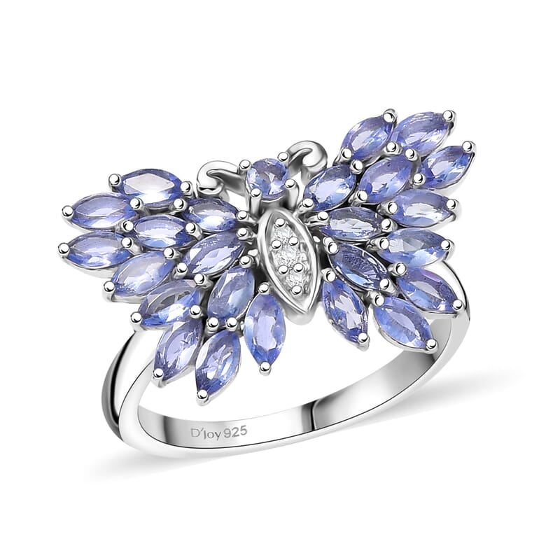 D'Joy Tanzanite and White Zircon 2.10 ctw Butterfly Ring in Rhodium Over Sterling Silver (Size 5.0)