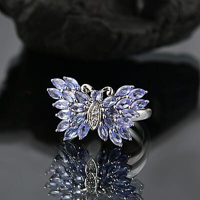 D'Joy Tanzanite and White Zircon 2.10 ctw Butterfly Ring in Rhodium Over Sterling Silver (Size 5.0)