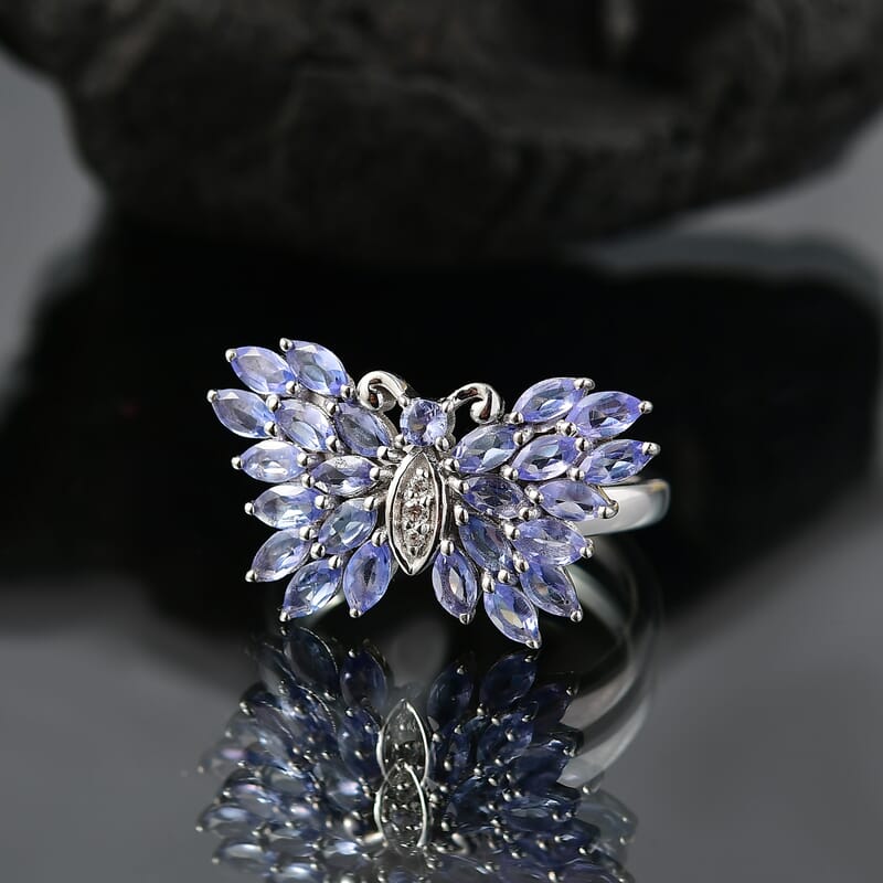 D'Joy Tanzanite and White Zircon 2.10 ctw Butterfly Ring in Rhodium Over Sterling Silver (Size 5.0)