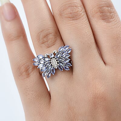D'Joy Tanzanite and White Zircon 2.10 ctw Butterfly Ring in Rhodium Over Sterling Silver (Size 5.0)