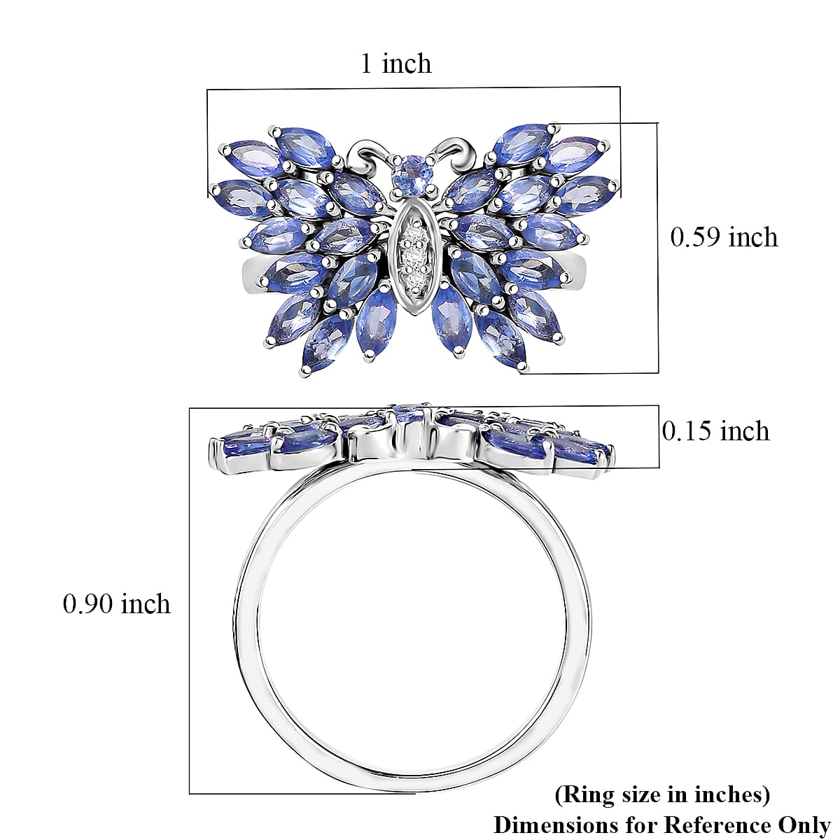 D'Joy Tanzanite and White Zircon 2.10 ctw Butterfly Ring in Rhodium Over Sterling Silver (Size 7.0) image number 5