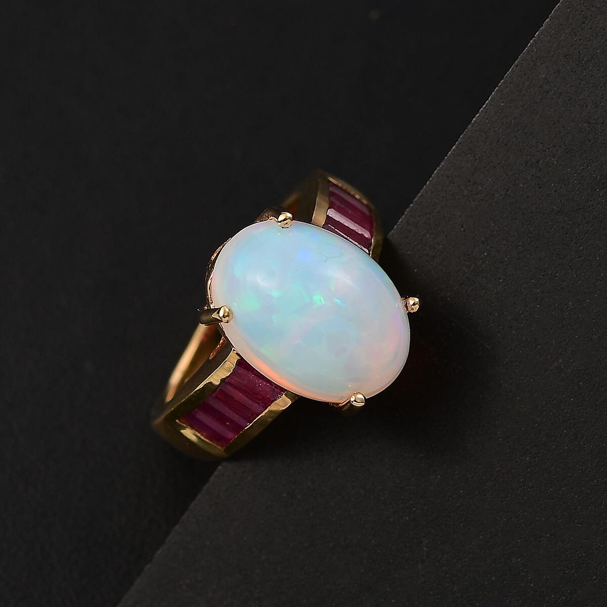 D'Joy Premium Ethiopian Welo Opal and Niassa Ruby (FF) 4.85 ctw Dreamlight Ring in 18K Vermeil Yellow Gold Over Sterling Silver (Size 10.0) image number 1
