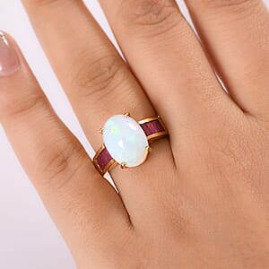 D'Joy Premium Ethiopian Welo Opal and Niassa Ruby (FF) 4.85 ctw Dreamlight Ring in 18K Vermeil Yellow Gold Over Sterling Silver (Size 6.0)