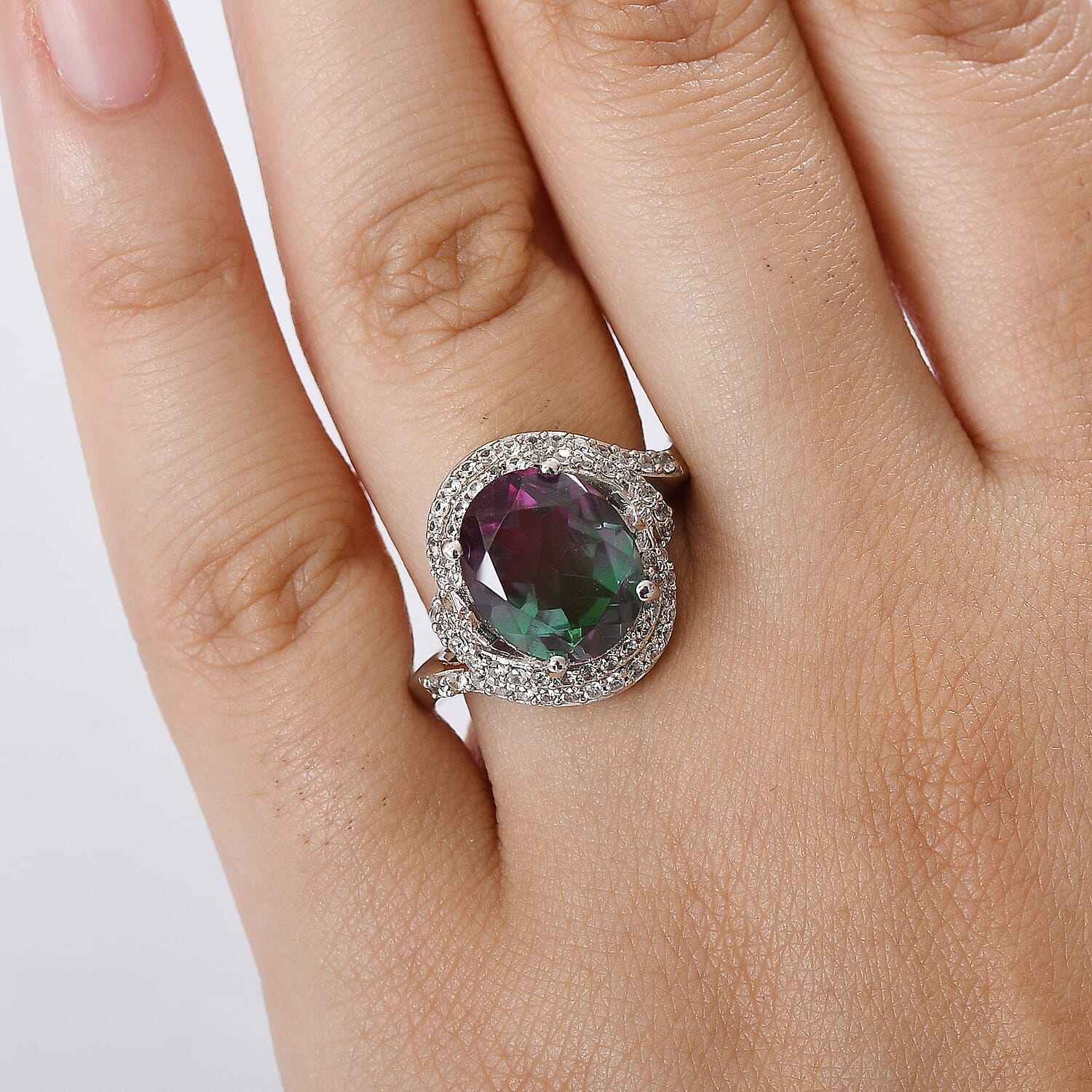 EverTrue Watermelon Quartz (Triplet) and White Zircon 6.10 ctw Watermelon Sunrise Ring in Platinum Bond (Size 10.0)
