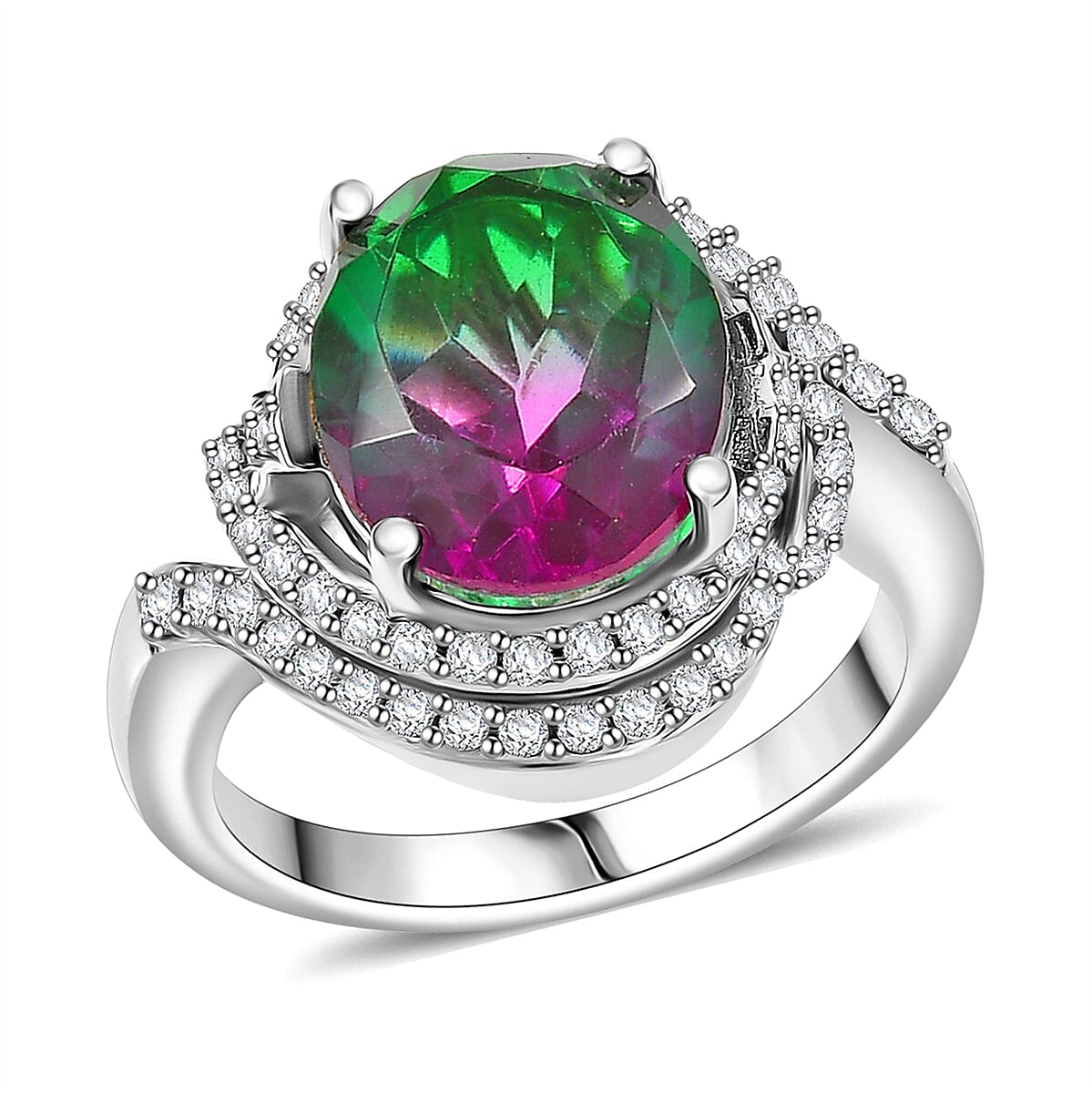 EverTrue Watermelon Quartz (Triplet) and White Zircon 6.10 ctw Watermelon Sunrise Ring in Platinum Bond (Size 6.0) image number 0